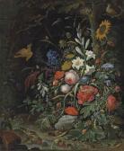 MIGNON Abraham Peonies, Lilies, Roses, Poppies, A Sunflower And Other Flowers On A Forest Floor, With Insects, Snails, Mice And Frogs MIGNON Abraham Peonies, Lilies, Roses, Poppies, A Sunflower And Other Flowers On A Forest Floor, With Insects, Snails, Mice And Frogs