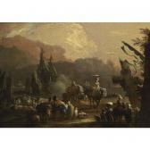 MINDERHOUT van Hendrik A Mediterranean Harbour Scene With Merchants Transporting Their Goods, Muleteers Loading Their Mules, Laden Camels Transporting Goods, Together With A Full-rigged Merchantman Firing A Salute And Other Vessels And Rowing Boats In The Background MINDERHOUT van Hendrik A Mediterranean Harbour Scene With Merchants Transporting Their Goods, Muleteers Loading Their Mules, Laden Camels Transporting Goods, Together With A Full-rigged Merchantman Firing A Salute And Other Vessels And Rowing Boats In The Background
