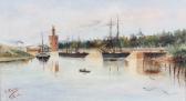 MIRANDA Rogelio Partie Am Guadalquivir In Sevilla Mit Schiffen Undgoldturm. MIRANDA Rogelio Partie Am Guadalquivir In Sevilla Mit Schiffen Undgoldturm.