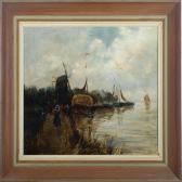 MODIG-MANUEL Valentine A Coastal Scenery With Figures, Boats And Wind Mill MODIG-MANUEL Valentine A Coastal Scenery With Figures, Boats And Wind Mill