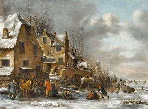Klaes Nicolaes Molenaer - Winter Landscape With Peasants And Ice Skaters By A Tavern
