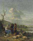 MOMMERS Hendrick A Peasant Girl Spinning With Two Shepherds Watching MOMMERS Hendrick A Peasant Girl Spinning With Two Shepherds Watching