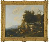 MOMMERS Hendrick Milkmaids Milking Cattle In A Hilly Landscape With Ruins Beyond MOMMERS Hendrick Milkmaids Milking Cattle In A Hilly Landscape With Ruins Beyond
