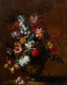 MONNOYER Jean-Baptiste Still Life Of Flowers, With Tulips, Anemones And Hyacinths In A Stone Vase With Lions. MONNOYER Jean-Baptiste Still Life Of Flowers, With Tulips, Anemones And Hyacinths In A Stone Vase With Lions.