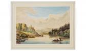 MONOGRAMMED P.W.H 'river And Mountain Landscape With Figure In Boat In Foreground MONOGRAMMED P.W.H 'river And Mountain Landscape With Figure In Boat In Foreground