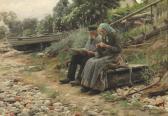MONSTED Peder Mork Altes Bauernpaar Am Ufer Sitzend MONSTED Peder Mork Altes Bauernpaar Am Ufer Sitzend