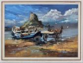 MOORE Ronald Lambert A Coble On The Beach Near Lindisfarne Castle MOORE Ronald Lambert A Coble On The Beach Near Lindisfarne Castle
