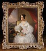 MOORE William Portrait Of A Lady Sat Stitching A Needlework By A Window With Landscape Beyond MOORE William Portrait Of A Lady Sat Stitching A Needlework By A Window With Landscape Beyond