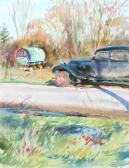 MORGAN Howard A Country Lane With Gypsy Caravan And Old Automobile MORGAN Howard A Country Lane With Gypsy Caravan And Old Automobile