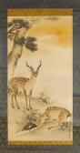 Mori Shungaku Kakemono, Depicting A Stag And Doe Beside A Pine Tree, The Sun Rising From Behind Clouds In The Background, In Ink And Colour On Silk, Signed Shungaku Morimasa With Two Seals, Wood Box. Mori Shungaku Kakemono, Depicting A Stag And Doe Beside A Pine Tree, The Sun Rising From Behind Clouds In The Background, In Ink And Colour On Silk, Signed Shungaku Morimasa With Two Seals, Wood Box.