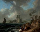 MORLAND George A Coastal Scene With Smugglers Pulling A Boat Ashore With Caernarfon Castle In The Background MORLAND George A Coastal Scene With Smugglers Pulling A Boat Ashore With Caernarfon Castle In The Background