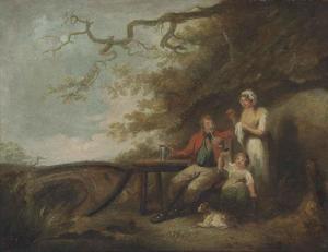 George Morland - A Wooded Landscape With A Family At Rest By A Cottage