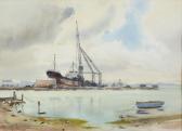 MORTIMORE John Harbour Study, Dockyard Estuary With Ship, Crane, Buildings And Boat In Foreground MORTIMORE John Harbour Study, Dockyard Estuary With Ship, Crane, Buildings And Boat In Foreground