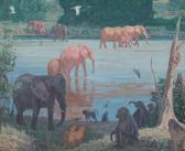 Morton Prout George Large African Scene With Baboons And Elephants At A Watering Hole Morton Prout George Large African Scene With Baboons And Elephants At A Watering Hole