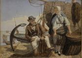 MOSSMAN David Couple De Pêcheurs Remaillant Le Filet Aquarelle Signée En Bas À Droite Et Datée 1867 MOSSMAN David Couple De Pêcheurs Remaillant Le Filet Aquarelle Signée En Bas À Droite Et Datée 1867