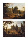 MOUCHERON de Isaac A Hunting Party Beside A Fountain; And Elegant Company Beside A Fountain With Hounds Drinking Water MOUCHERON de Isaac A Hunting Party Beside A Fountain; And Elegant Company Beside A Fountain With Hounds Drinking Water