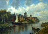 MULLER-SCHWABEN Fritz Norddeutsche Landschaft Mit Kleinstadt Mit Windmühle An Einer Flussmündung MULLER-SCHWABEN Fritz Norddeutsche Landschaft Mit Kleinstadt Mit Windmühle An Einer Flussmündung