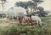 MUNNINGS Alfred James Cattle Grazing Before Hay Waggons In A Landscape MUNNINGS Alfred James Cattle Grazing Before Hay Waggons In A Landscape