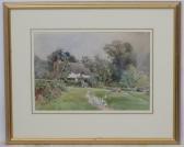 MURRAY Florence E. Geese Walking Up Path To Figure Outside A Thatched English Cottage In The Countryside MURRAY Florence E. Geese Walking Up Path To Figure Outside A Thatched English Cottage In The Countryside