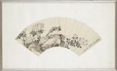 NAIQI ZHANG In Shape Of A Fan, Garden Scene With Prunus And A Bird Cleaning Feathers On A Rock NAIQI ZHANG In Shape Of A Fan, Garden Scene With Prunus And A Bird Cleaning Feathers On A Rock