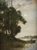 NORSTEDT Reinhold Månskenslandskap Med Fiskare I En Båt Intill En Strand; I Bakgrunden En By NORSTEDT Reinhold Månskenslandskap Med Fiskare I En Båt Intill En Strand; I Bakgrunden En By