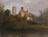 NURSEY Perry Cottage With Church Tower Beyond Before A River NURSEY Perry Cottage With Church Tower Beyond Before A River