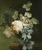 OATES Bennett Still Life Of White Peonies, Blue Clematis And Other Flowers In A Glass Vase On A Ledge OATES Bennett Still Life Of White Peonies, Blue Clematis And Other Flowers In A Glass Vase On A Ledge