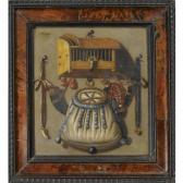 OFFERMANS Johannes A Hunting Still Life Of A Bird Cage, A Whistle, Horn And A Game Bag, All Hanging From Nails On A Wall OFFERMANS Johannes A Hunting Still Life Of A Bird Cage, A Whistle, Horn And A Game Bag, All Hanging From Nails On A Wall