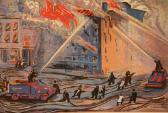 OLDS Elizabeth Olds, Sarasota, Fl,-, 'firemen Fighting Fire', Silkscreenl1xx9 OLDS Elizabeth Olds, Sarasota, Fl,-, 'firemen Fighting Fire', Silkscreenl1xx9