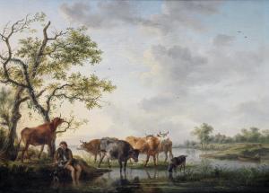 Balthazar Paul Ommeganck - A River Estuary With A Drover And His Flock 