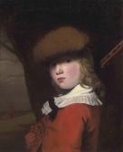 OPIE John Portrait Of A Boy, Bust-length, In A Red Coat With A White Collarand A Fur Hat, Holding A Gun, In A Landscape OPIE John Portrait Of A Boy, Bust-length, In A Red Coat With A White Collarand A Fur Hat, Holding A Gun, In A Landscape