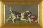 OSTHAUS Edmund Henry U.s. Cartridge Co. Depicting An English Setter Playing With A Box Of U.s. Ammunition Company's Romax Brand Black Powder Shells OSTHAUS Edmund Henry U.s. Cartridge Co. Depicting An English Setter Playing With A Box Of U.s. Ammunition Company's Romax Brand Black Powder Shells