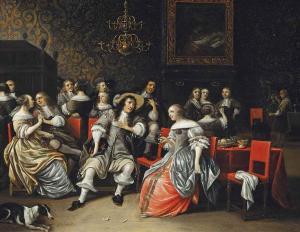 Anthonie Stevaerts Palamedes - Elegant Company Drinking And Music Making In An Interior