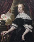 PALAMEDES Anthonie Stevaerts Portrait Of A Lady, Three-quarter-length, In A Black Dress With White Lace, A Pearl And Granite Parure And Pearls In Her Hair, Holding A Pink Rose, A Landscape Beyond PALAMEDES Anthonie Stevaerts Portrait Of A Lady, Three-quarter-length, In A Black Dress With White Lace, A Pearl And Granite Parure And Pearls In Her Hair, Holding A Pink Rose, A Landscape Beyond
