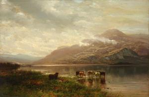 Arthur B. Parton - Cows Watering Beside A Cloud Covered Mountain