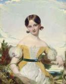 PATTEN JUN William Portrait Of A Young Girl In A Yellow And White Dress, Half-length, With A Green Sash, Holding A Basket Of Flowers, A Landscape Beyond PATTEN JUN William Portrait Of A Young Girl In A Yellow And White Dress, Half-length, With A Green Sash, Holding A Basket Of Flowers, A Landscape Beyond