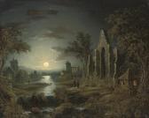 PETHER Sebastian A Moonlit Wooded River Landscape With Figures And A Ruined Church In The Foreground, A Village Beyond PETHER Sebastian A Moonlit Wooded River Landscape With Figures And A Ruined Church In The Foreground, A Village Beyond