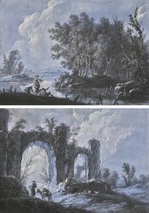 Jean-Baptiste Pillement - Landscapes, One With Figures Fishing, The Other With Figures Beside Ruins