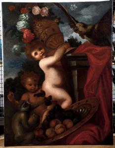 Domenico I Piola - Gioco Di Putti Con Animali Fiori E Frutta