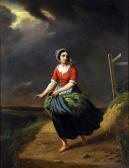 PIRON Auguste Stormy Coastal Landscape With Peasant Girl On A Path By A Signpost, Village Beyond PIRON Auguste Stormy Coastal Landscape With Peasant Girl On A Path By A Signpost, Village Beyond