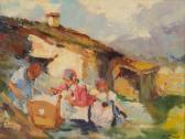 POLI E. Paesaggio Con Caseggiato E Bambini POLI E. Paesaggio Con Caseggiato E Bambini