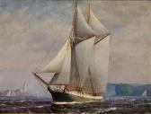 porter vivian forsythe Portrait Of A Schooner Sailing In Coastal Waters With Distant Lighthouse. porter vivian forsythe Portrait Of A Schooner Sailing In Coastal Waters With Distant Lighthouse.