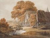 POWELL Joseph Figure By A Thatched Barn And Church POWELL Joseph Figure By A Thatched Barn And Church
