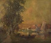 PRITCHARD George Thompson Figures In A Boat Along A Riverbank PRITCHARD George Thompson Figures In A Boat Along A Riverbank