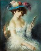 PUYET JOSE Beautiful Woman In Blue Feathered Dress And Fancy Hat PUYET JOSE Beautiful Woman In Blue Feathered Dress And Fancy Hat