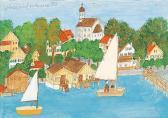 RAFFLER Max Segelboote Beim Bootssteg In Unterschondorf Am Ammersee, Im Hintergrund Die St. Jakobuskirche RAFFLER Max Segelboote Beim Bootssteg In Unterschondorf Am Ammersee, Im Hintergrund Die St. Jakobuskirche