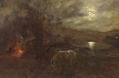 RASCHEN Henry Moonlight Encampment, American Indians And Horses Near A Lake RASCHEN Henry Moonlight Encampment, American Indians And Horses Near A Lake