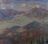 REISER Carl Panoramic Landscape Of European Village In Valley REISER Carl Panoramic Landscape Of European Village In Valley