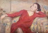 REUSING Fritz Young Lady In A Red Dress On The Sofa. REUSING Fritz Young Lady In A Red Dress On The Sofa.