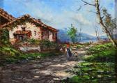 REYCEND Enrico Lake Landscape With Houses And Hikers REYCEND Enrico Lake Landscape With Houses And Hikers